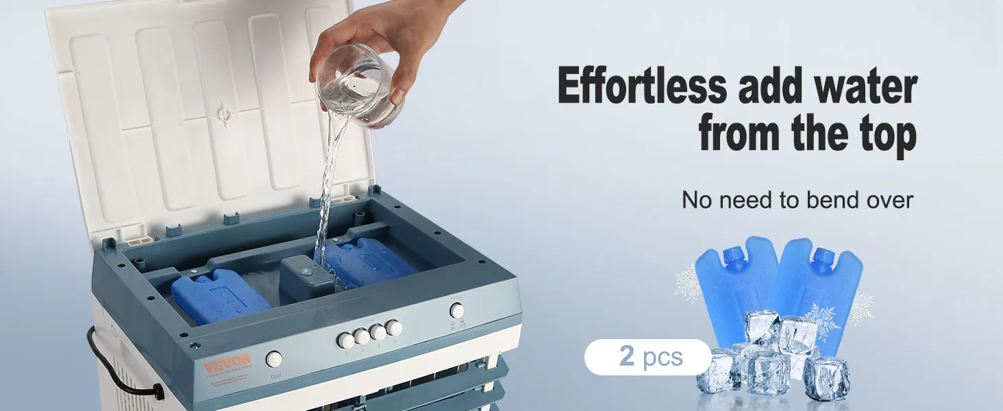 agregando agua fácilmente a la parte superior del enfriador evaporativo VEVOR con paquetes de hielo y cubitos de hielo para enfriar.