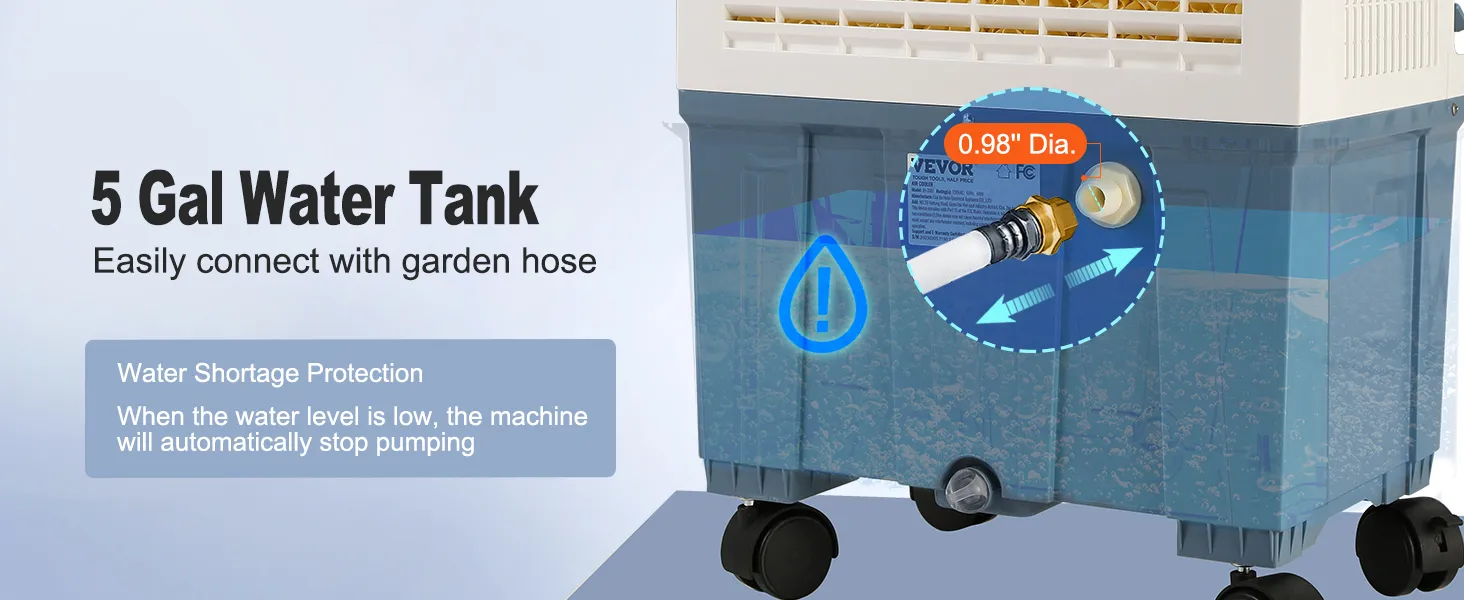 Tanque de agua de 5 galones del enfriador evaporativo VEVOR, se conecta fácilmente con una manguera de jardín, con protección contra escasez de agua.