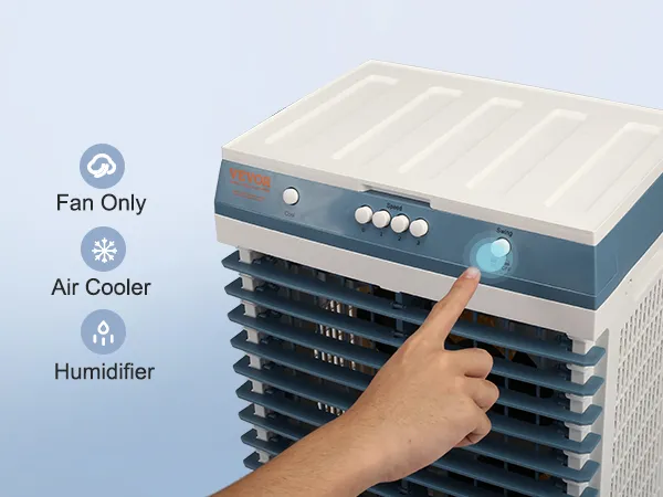 Enfriador evaporativo VEVOR con opciones de ventilador, enfriador de aire y humidificador, interfaz de control con la punta de los dedos.