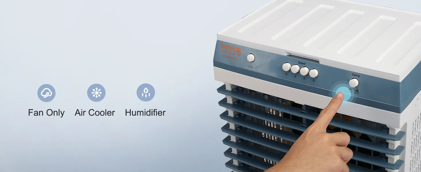Enfriador evaporativo VEVOR con opciones de ventilador, enfriador de aire y humidificador, interfaz de control con la punta de los dedos.