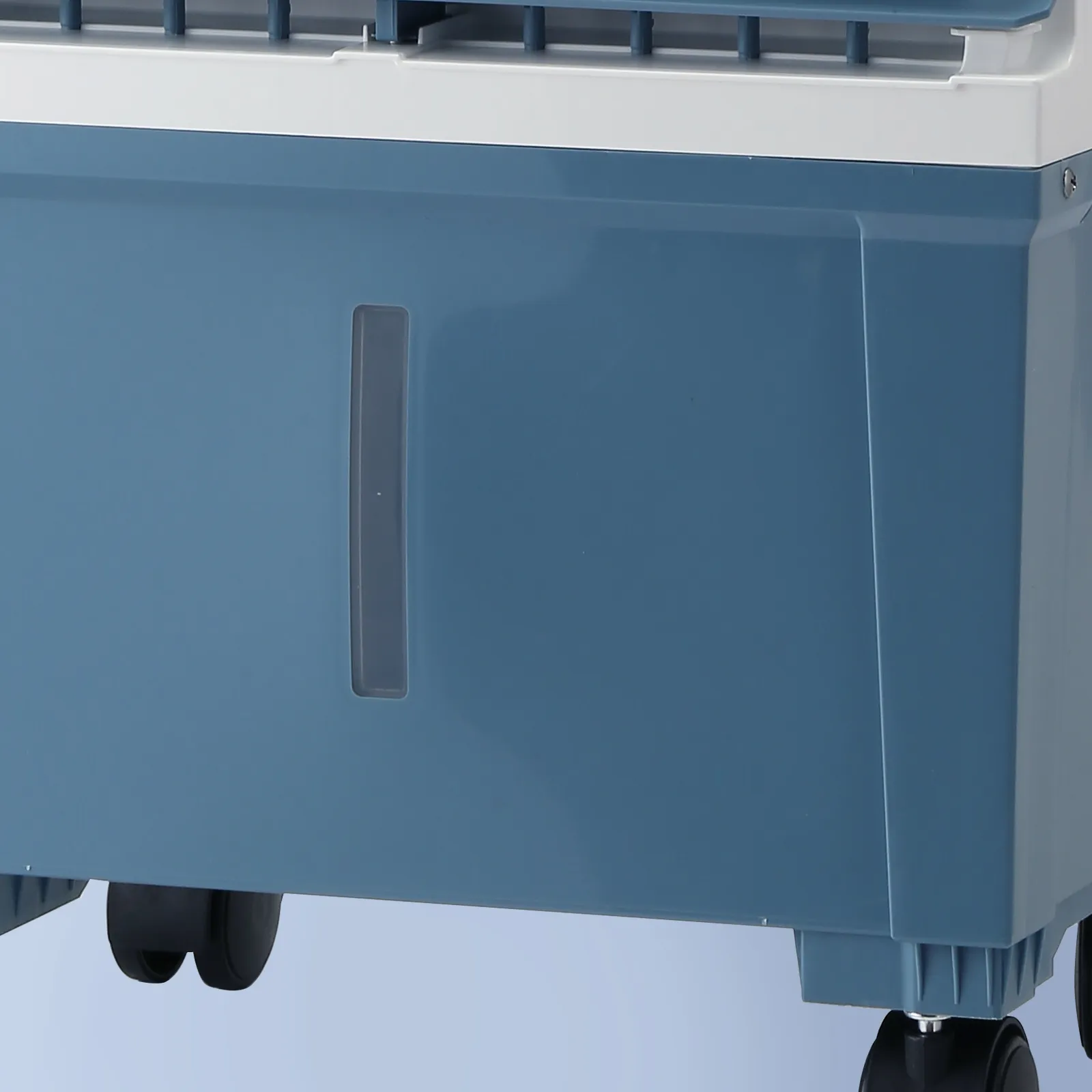 Enfriador evaporativo VEVOR azul con indicador de nivel de agua y ruedas.