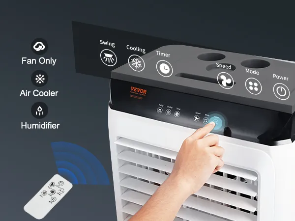 hand operating VEVOR evaporative air cooler with remote, showing fan, cooling, and humidifier modes.