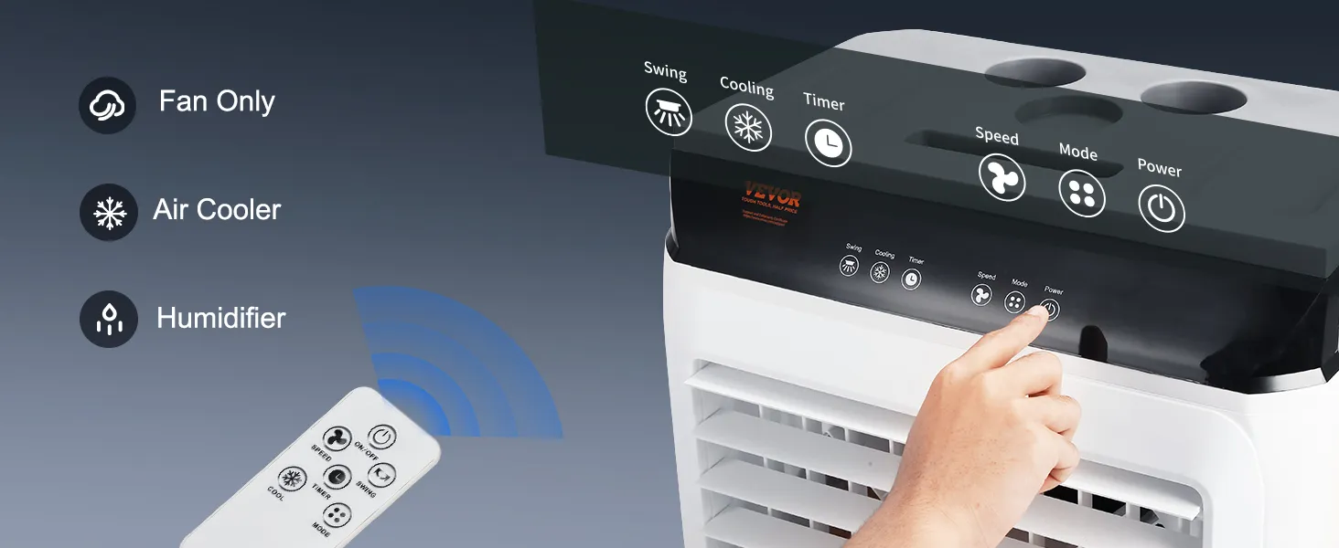 hand operating VEVOR evaporative air cooler with remote, showing fan, cooling, and humidifier modes.