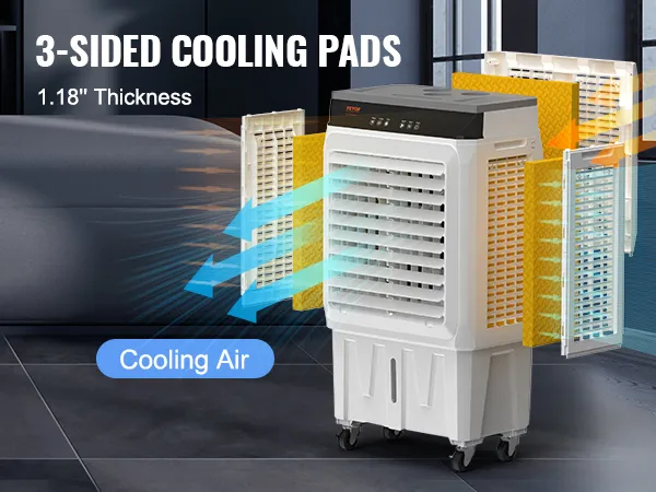 VEVOR evaporative air cooler with 3-sided cooling pads and 1.18" thickness for efficient cooling.