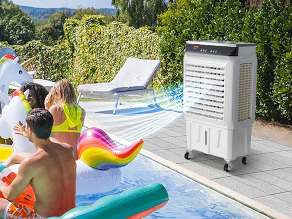 pool party with inflatable animals and VEVOR evaporative air cooler creating a cool breeze nearby.
