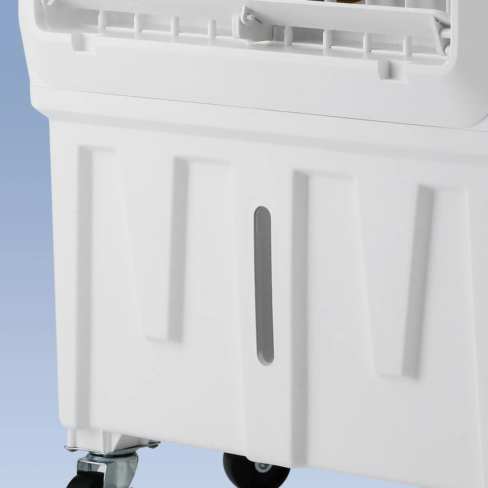 close-up view of the lower section of VEVOR evaporative air cooler with water level indicator and caster wheels.
