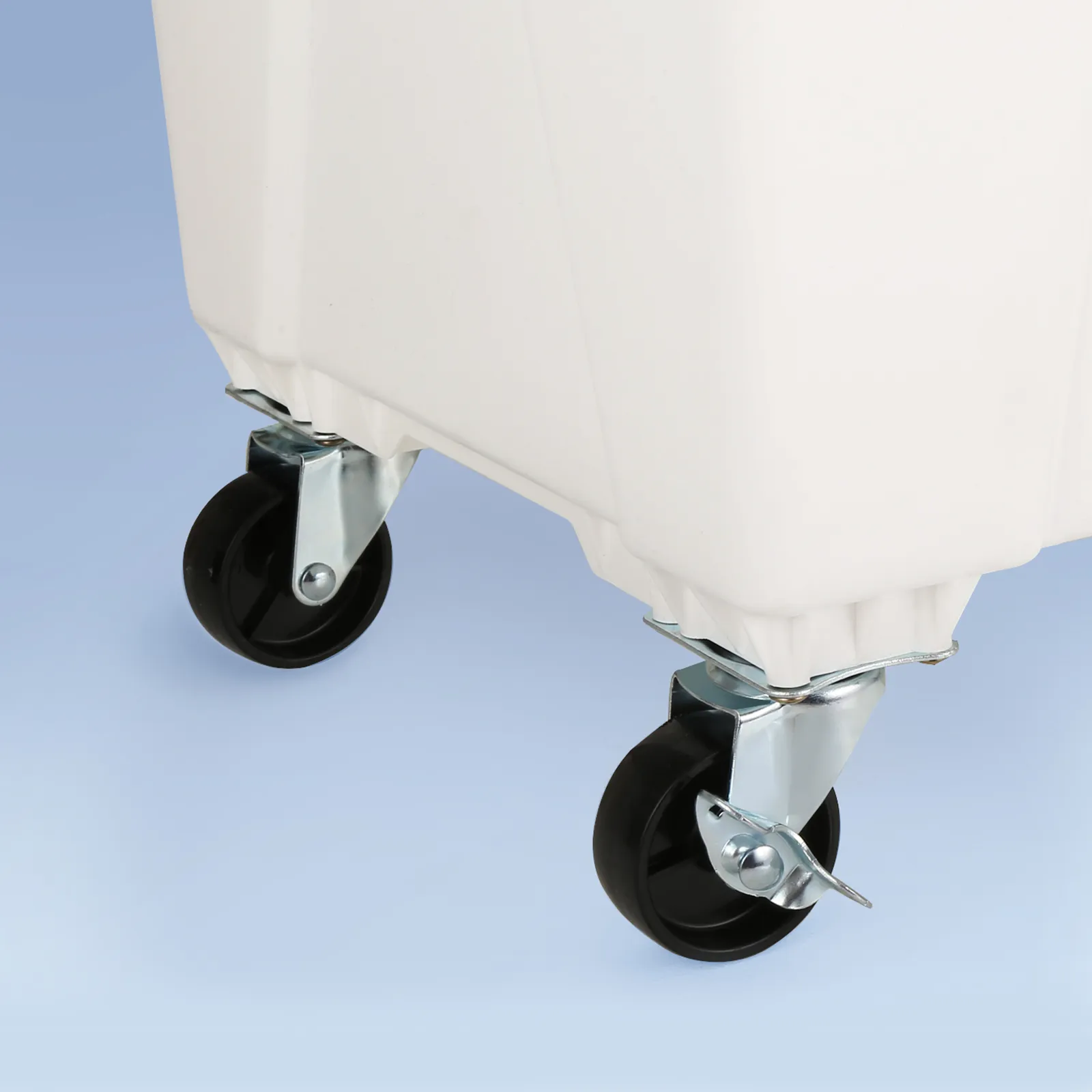 caster wheels of a VEVOR evaporative air cooler on a light blue background.