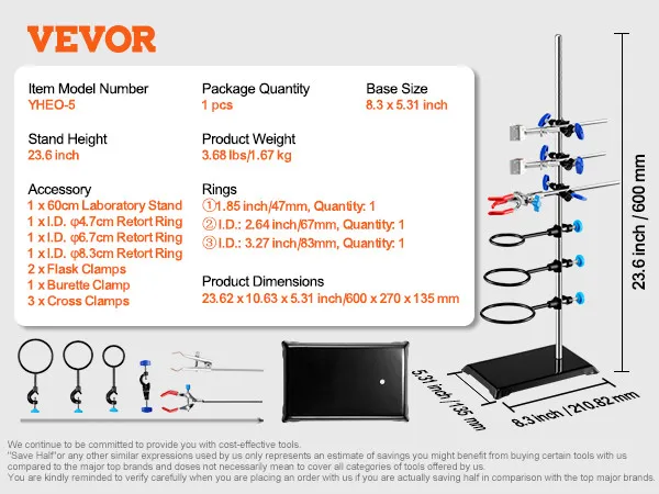 VEVOR lab stand yheo-5, 23.6 inch height, includes rings, flask clamps, burette clamp, and cross clamps.