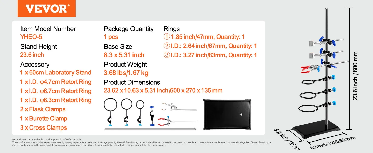 VEVOR lab stand yheo-5, 23.6 inch height, includes rings, flask clamps, burette clamp, and cross clamps.