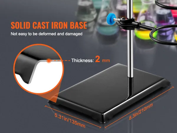 VEVOR lab stand with solid cast iron base, beakers in the background, dimensions and thickness highlighted.