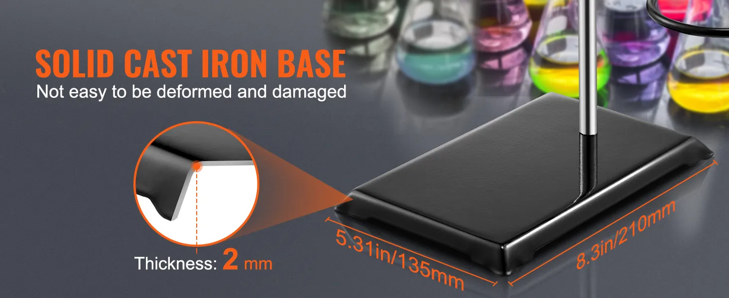 VEVOR lab stand with solid cast iron base, beakers in the background, dimensions and thickness highlighted.