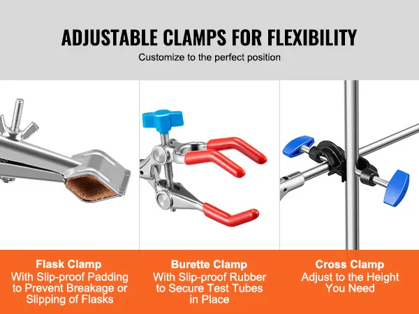 VEVOR lab stand with adjustable flask clamp, burette clamp, and cross clamp for secure positioning and flexibility.