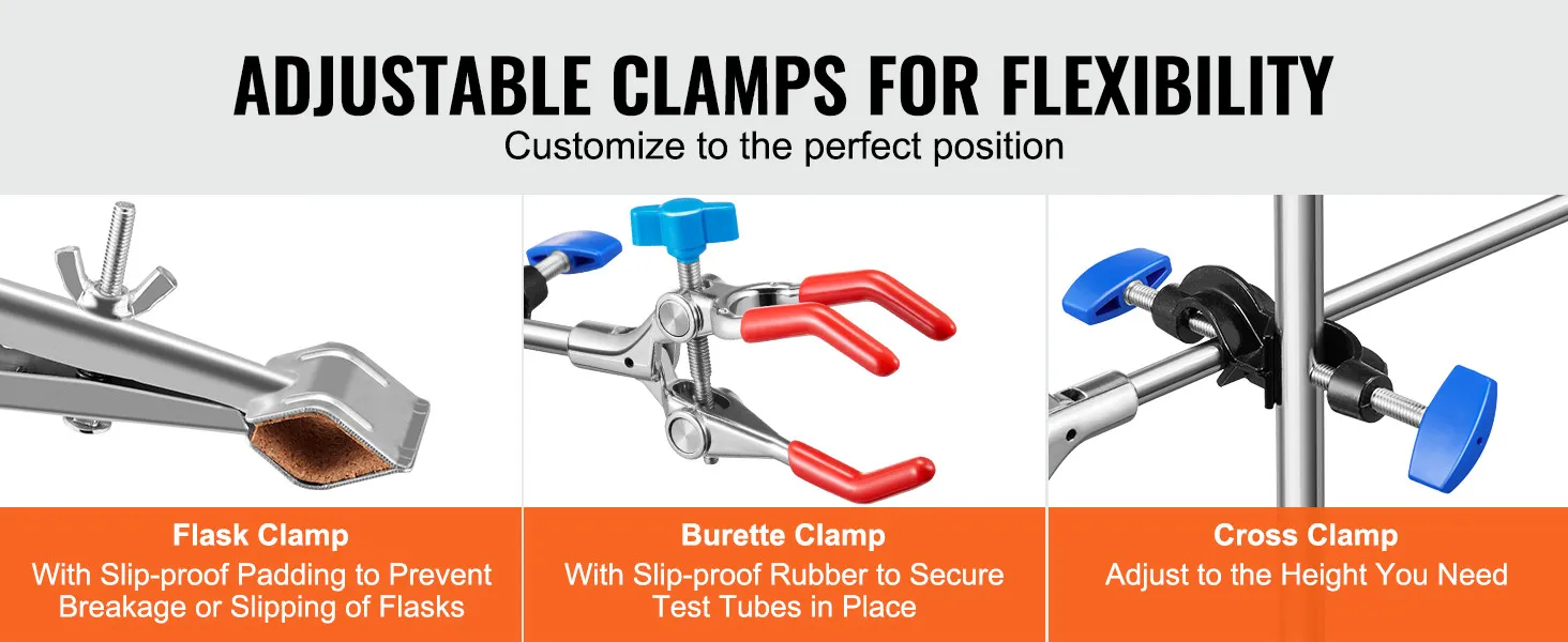 VEVOR lab stand with adjustable flask clamp, burette clamp, and cross clamp for secure positioning and flexibility.