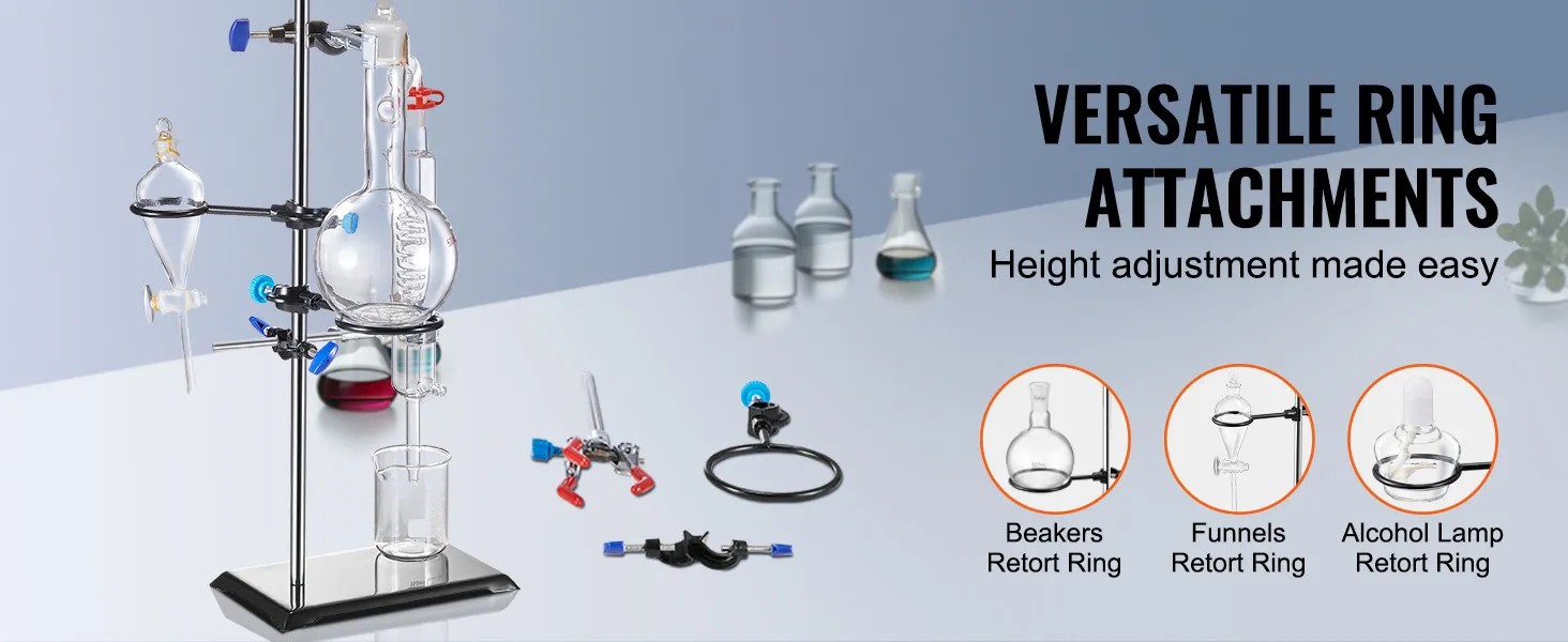 VEVOR lab stand with versatile ring attachments for beakers, funnels, and alcohol lamps.