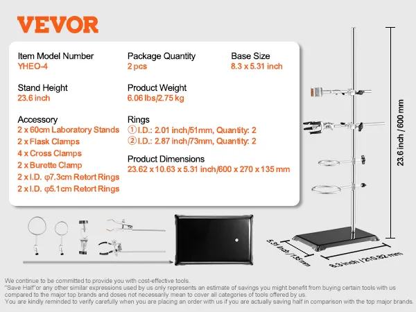 VEVOR lab stand details: 23.6in height, 2pcs package, 6.06lb weight, 8.3x5.31in base, with clamps and rings.