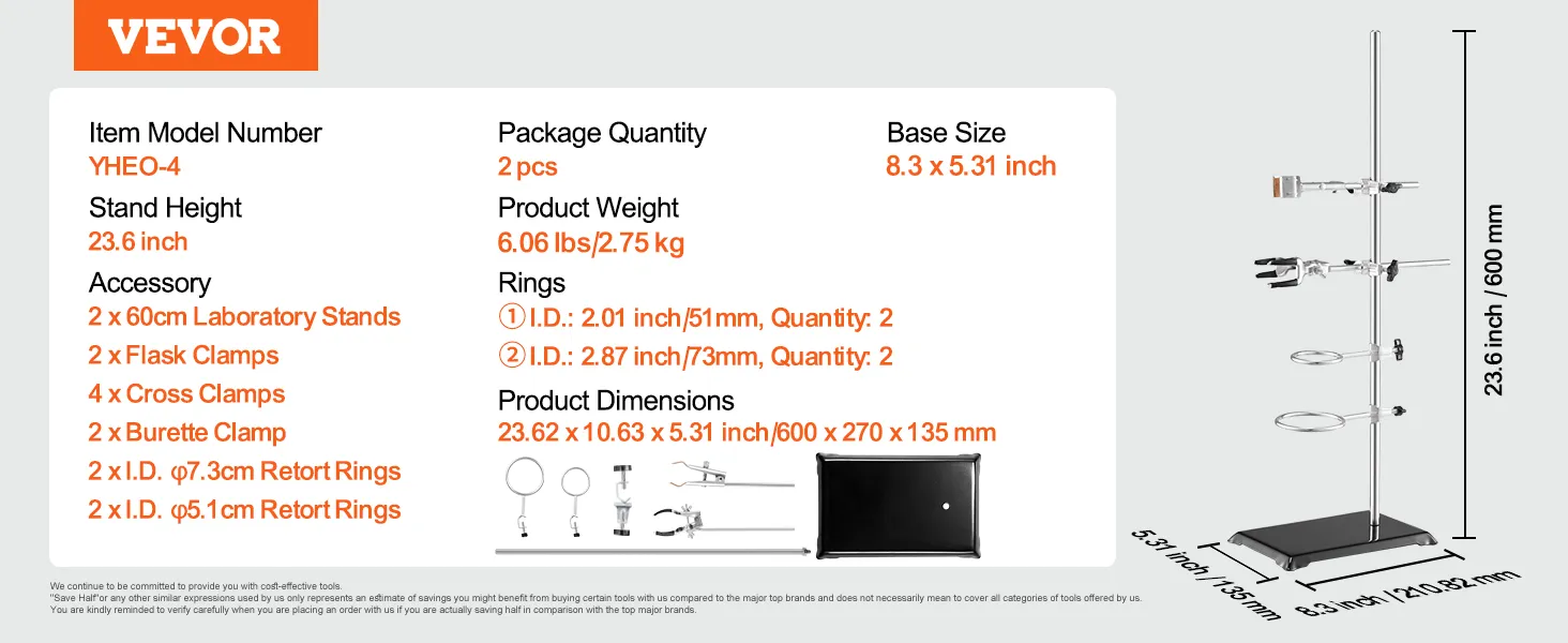 VEVOR lab stand details: 23.6in height, 2pcs package, 6.06lb weight, 8.3x5.31in base, with clamps and rings.