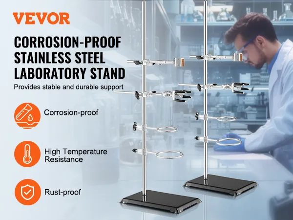 VEVOR lab stand corrosion-proof stainless steel laboratory stand, durable, rust-proof high temperature resistance.