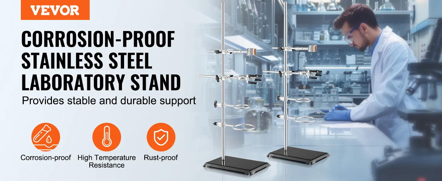VEVOR lab stand corrosion-proof stainless steel laboratory stand, durable, rust-proof high temperature resistance.