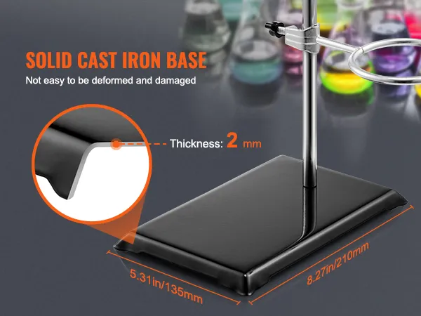 VEVOR lab stand with solid cast iron base, 5.31in by 8.27in, 2mm thick, and colorful beakers in background.