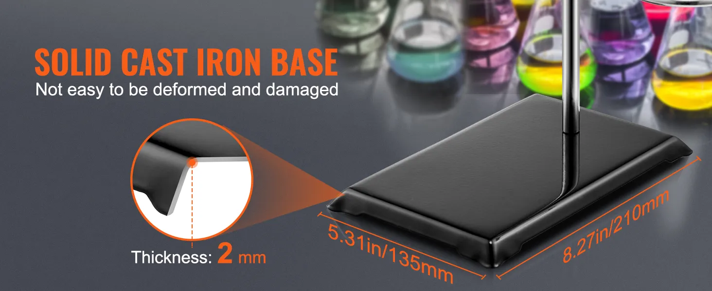 VEVOR lab stand with solid cast iron base, 5.31in by 8.27in, 2mm thick, and colorful beakers in background.