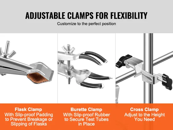 VEVOR lab stand with adjustable flask, burette, and cross clamps for secure positioning.