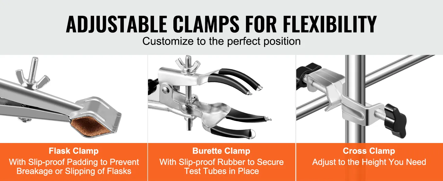VEVOR lab stand with adjustable flask, burette, and cross clamps for secure positioning.