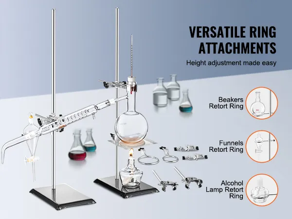 VEVOR lab stand with adjustable ring attachments, glassware, and an alcohol lamp for versatile lab use.