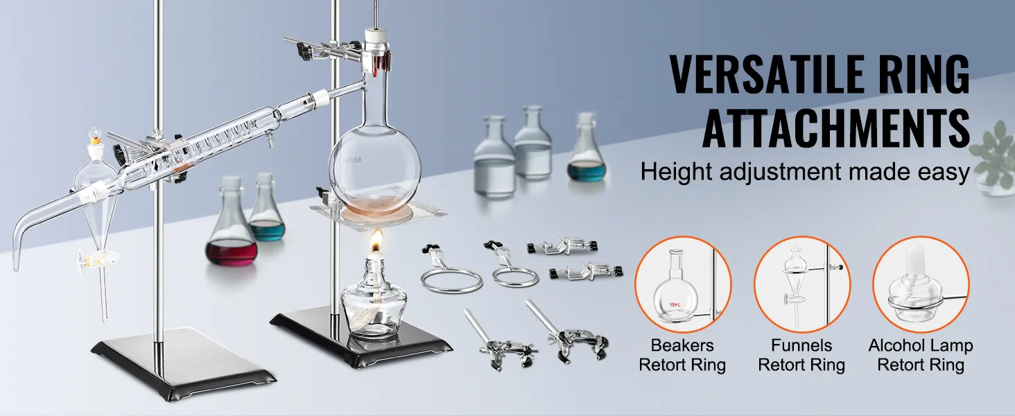 VEVOR lab stand with adjustable ring attachments, glassware, and an alcohol lamp for versatile lab use.