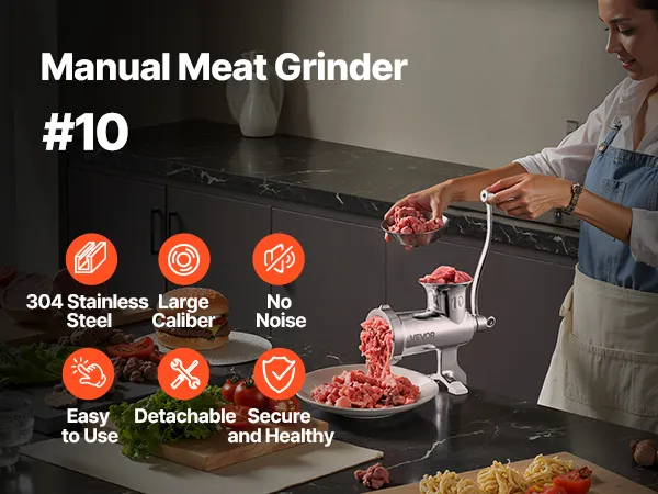 VEVOR manual meat grinder, stainless steel tabletop clamp type with ground meat and raw meat pieces.