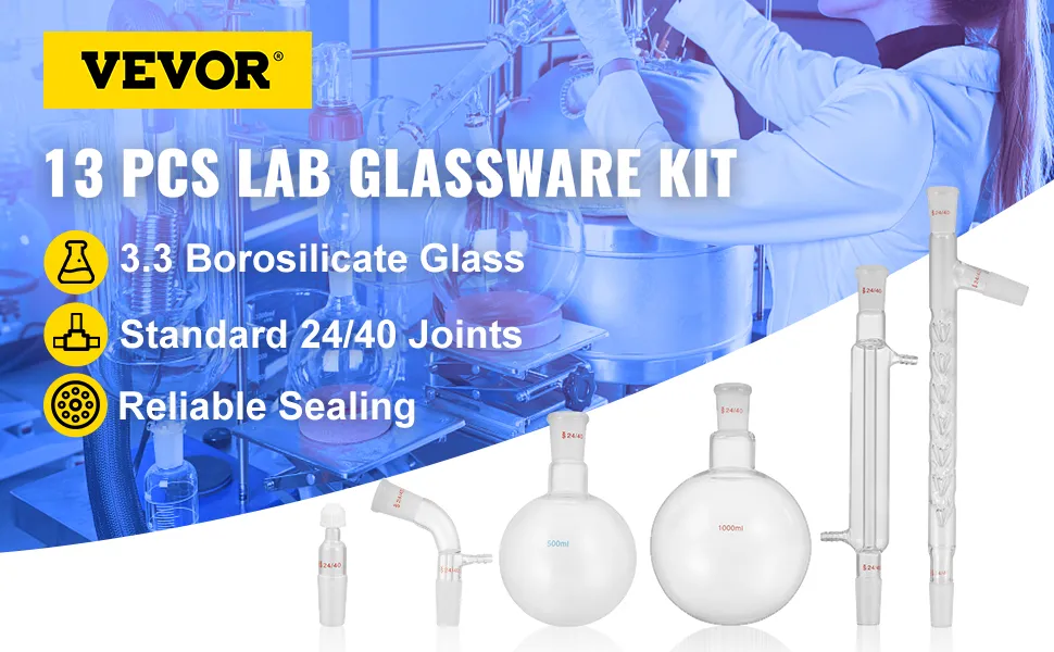 VEVOR distillation kit featuring 13 pcs lab glassware with 24/40 joints and reliable sealing