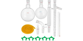 complete VEVOR distillation kit with glass labware, rubber tubing, and green clamps.