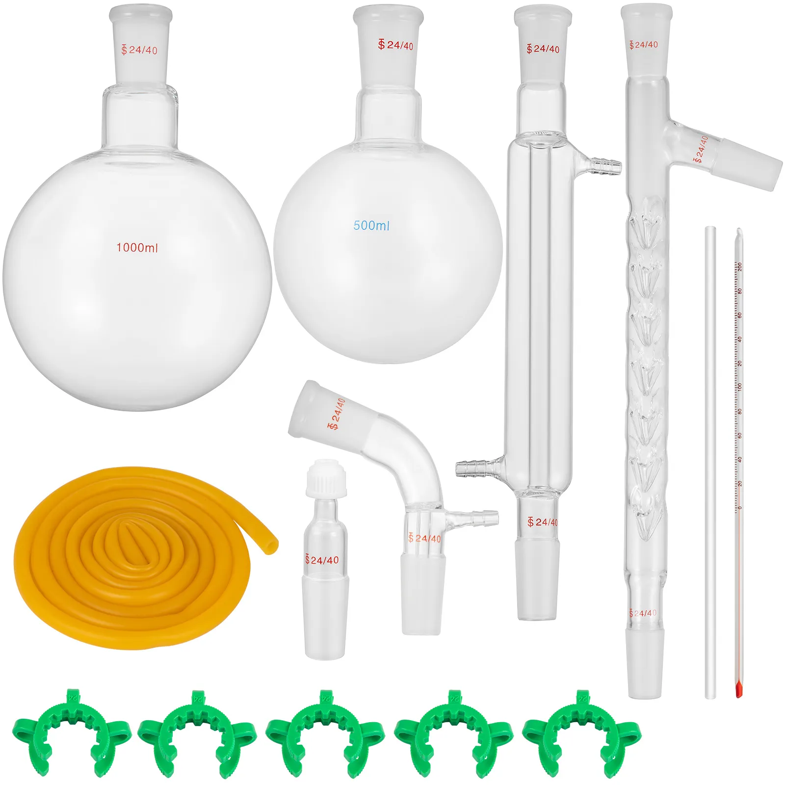 VEVOR distillation kit with glassware, tubes, clamps, and accessories for laboratory use.