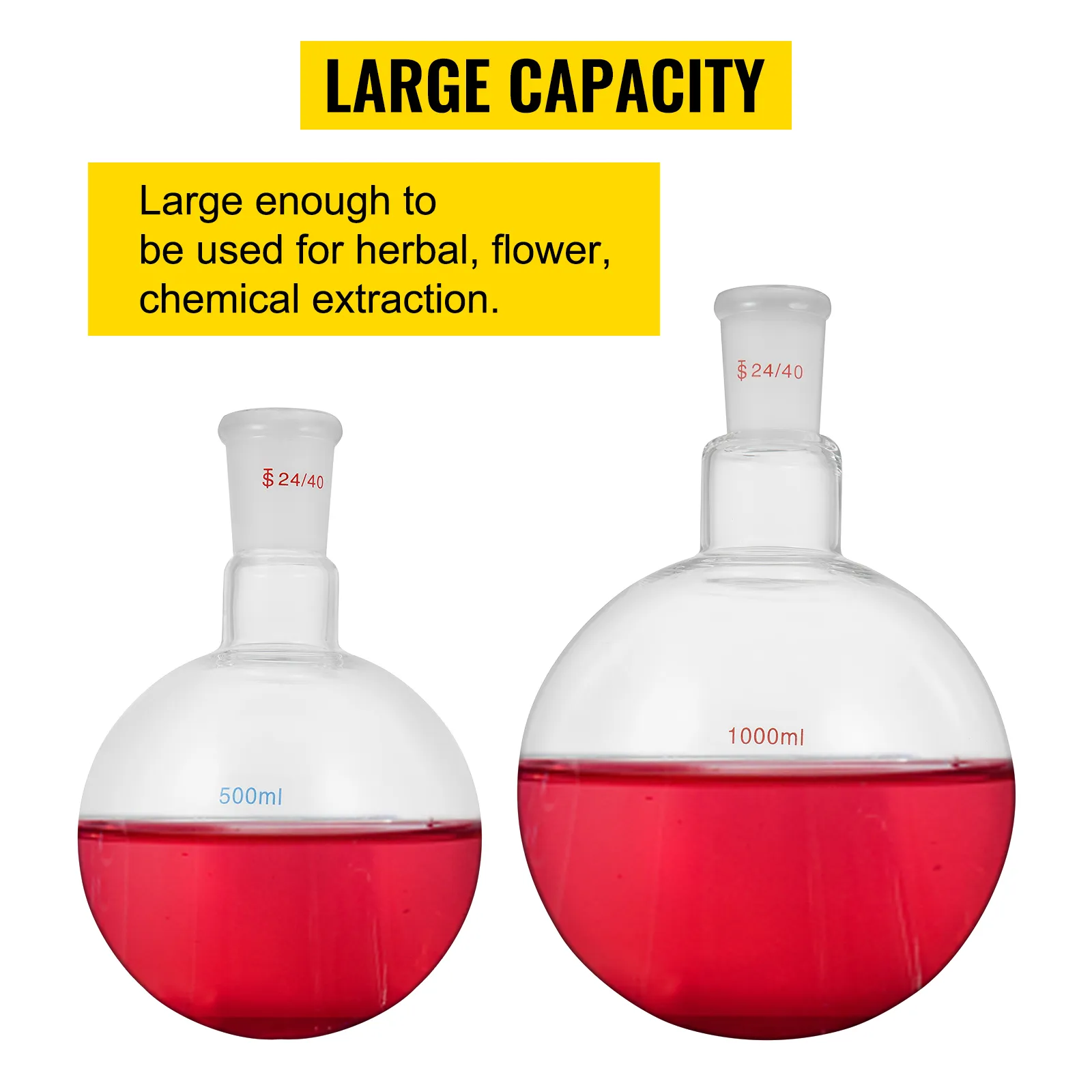 large glass flasks with red liquid, marked 500ml and 1000ml, for VEVOR distillation kit.