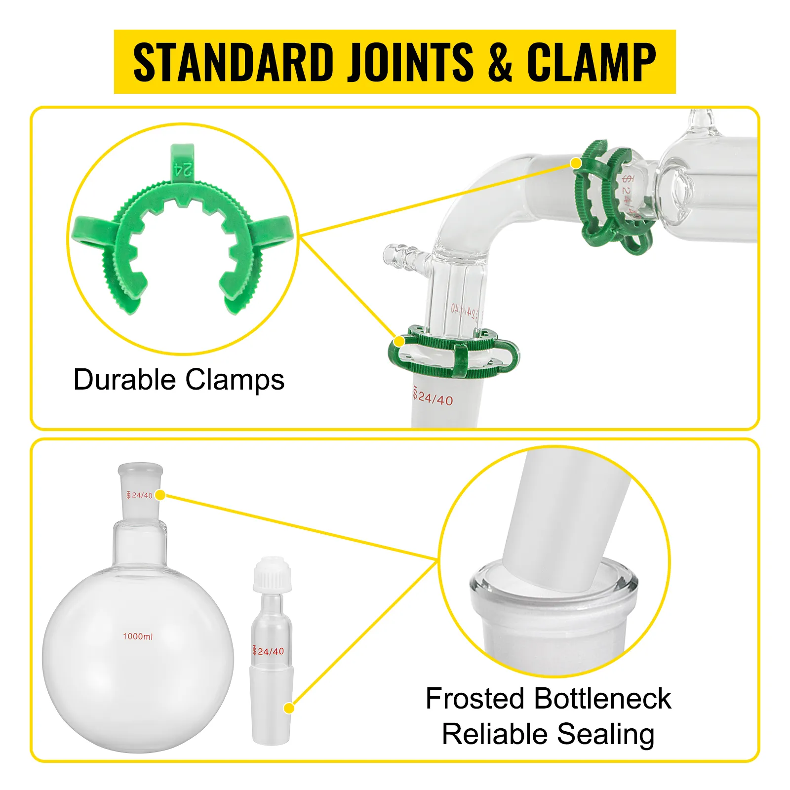 VEVOR distillation kit with durable clamps and frosted bottleneck.