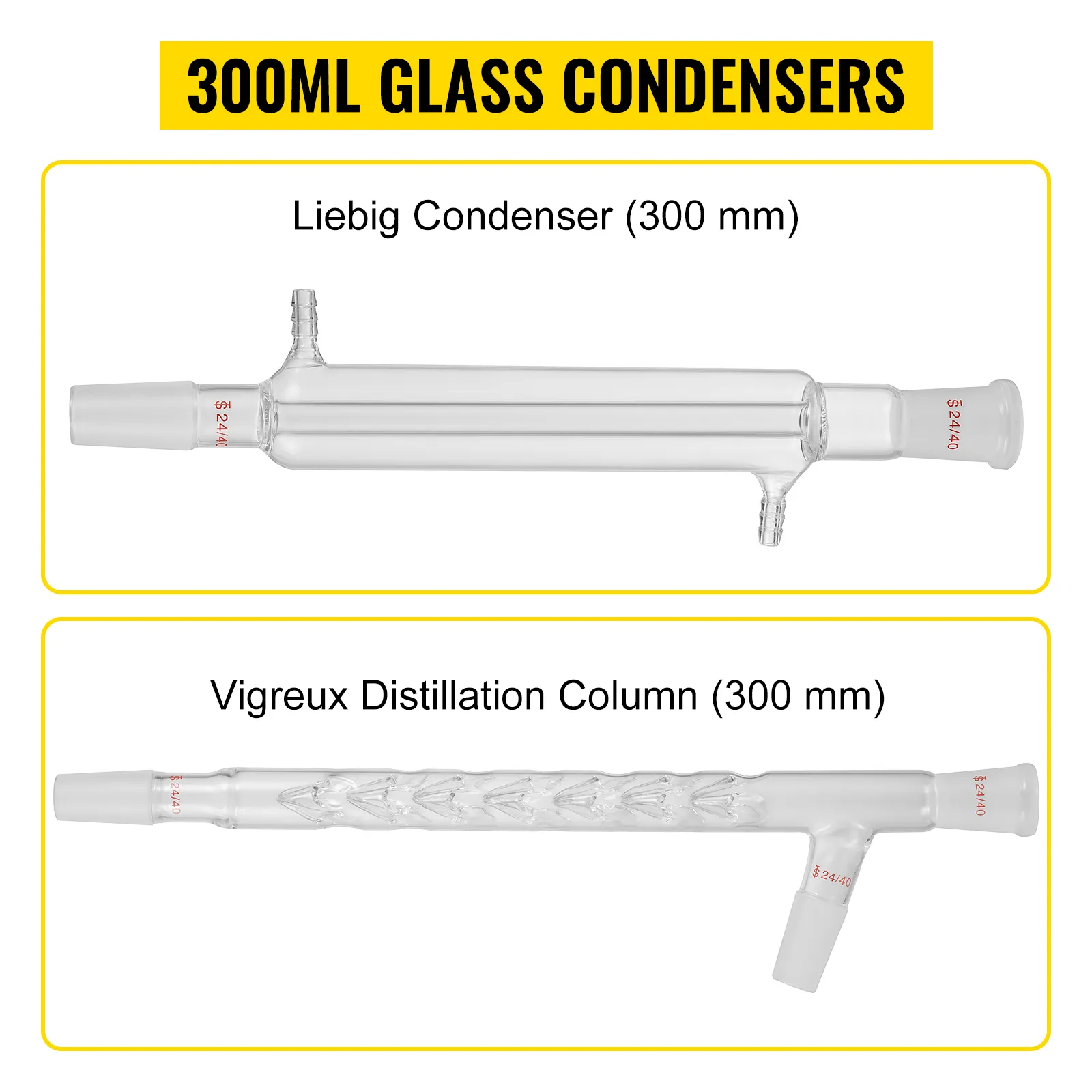 300ml glass condensers, liebig condenser, and vigreux distillation column.