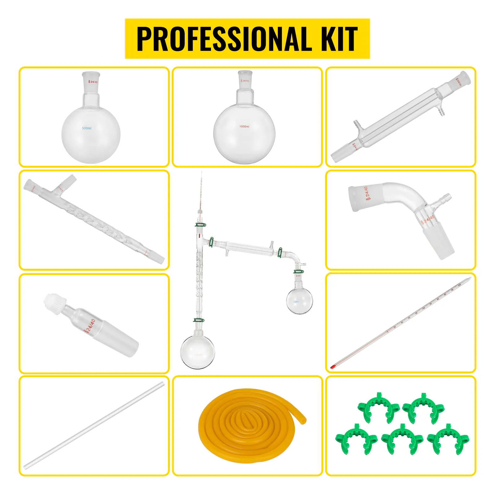 VEVOR distillation kit with flasks, tubes, rubber hose, clamps, and thermometers
