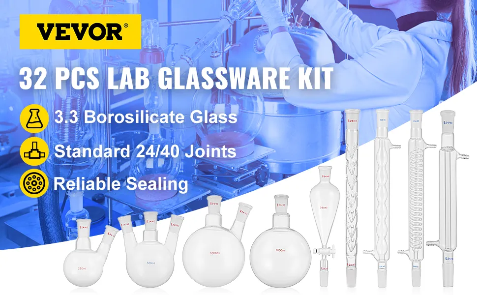 VEVOR chemistry glassware kit with 32 pieces, 3.3 borosilicate glass, and 24/40 joints.