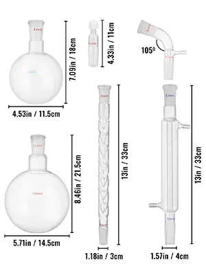 VEVOR chemistry glassware kit with different sizes of flasks and connectors labeled.