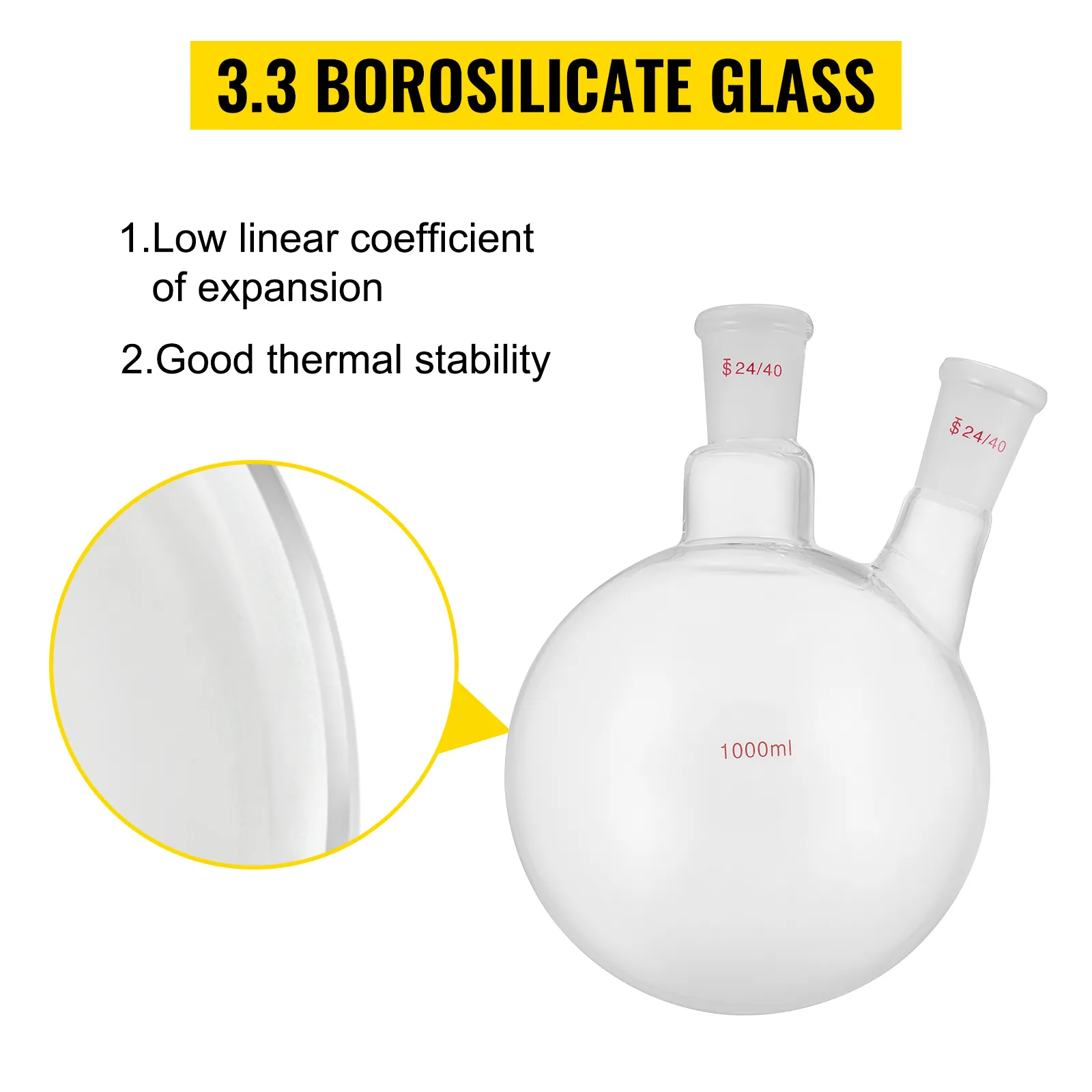 3.3 borosilicate glass, VEVOR chemistry glassware kit, low expansion, thermal stable.