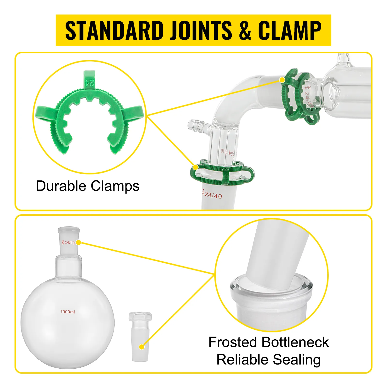 durable clamps and frosted bottleneck sealing in VEVOR chemistry glassware kit.