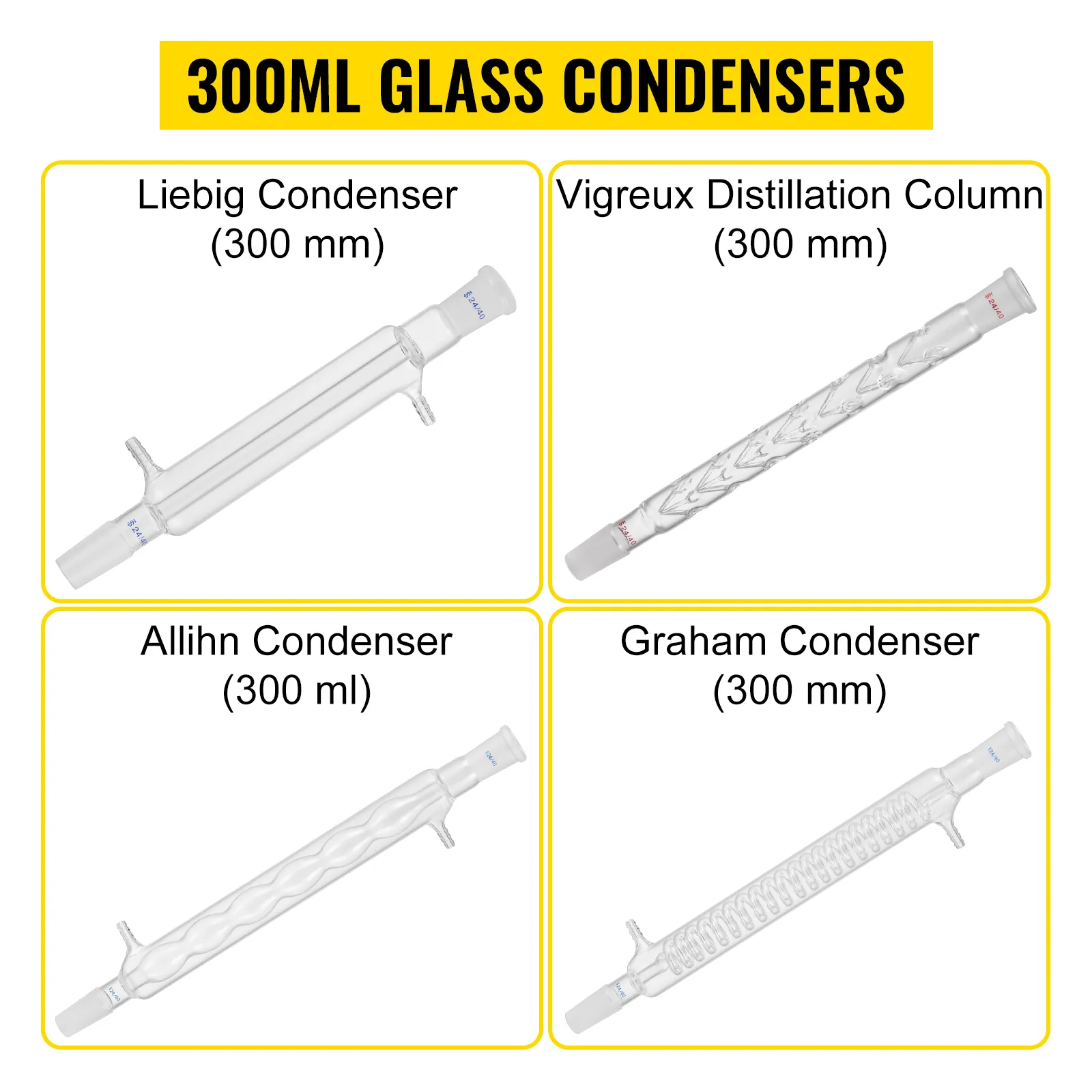 300ml glass condensers featuring VEVOR chemistry glassware kit: liebig, vigreux, allihn, graham.