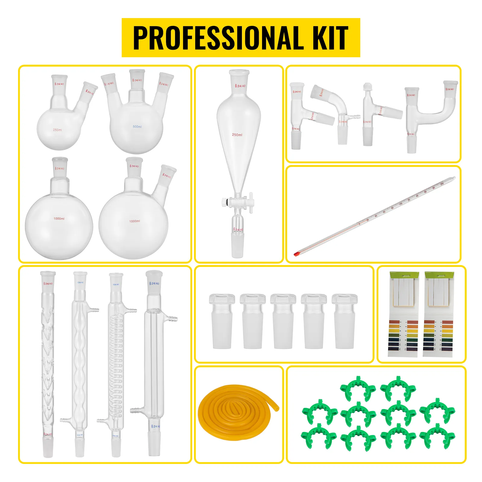 VEVOR chemistry glassware kit: beakers, flasks, adapters, tubes, and accessories.