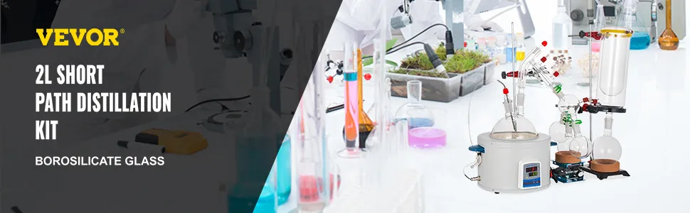 VEVOR short path distillation kit in a lab setting with glassware and equipment