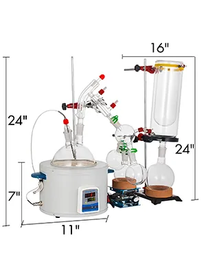 VEVOR short path distillation kit with flask, heater, condensers, and receiving flasks.
