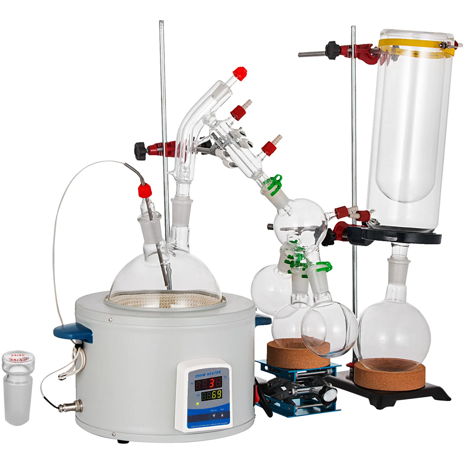 VEVOR short path distillation kit with glassware and digital heater in laboratory setup.