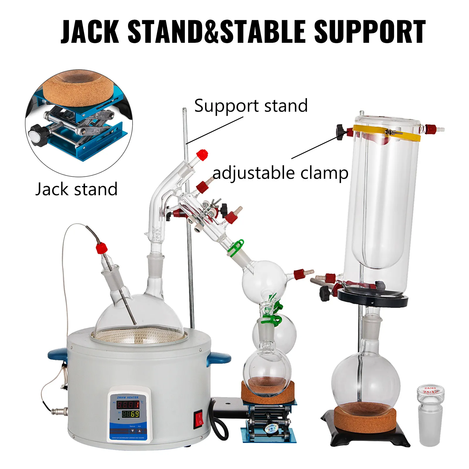 VEVOR short path distillation kit with support stand and adjustable clamp system.