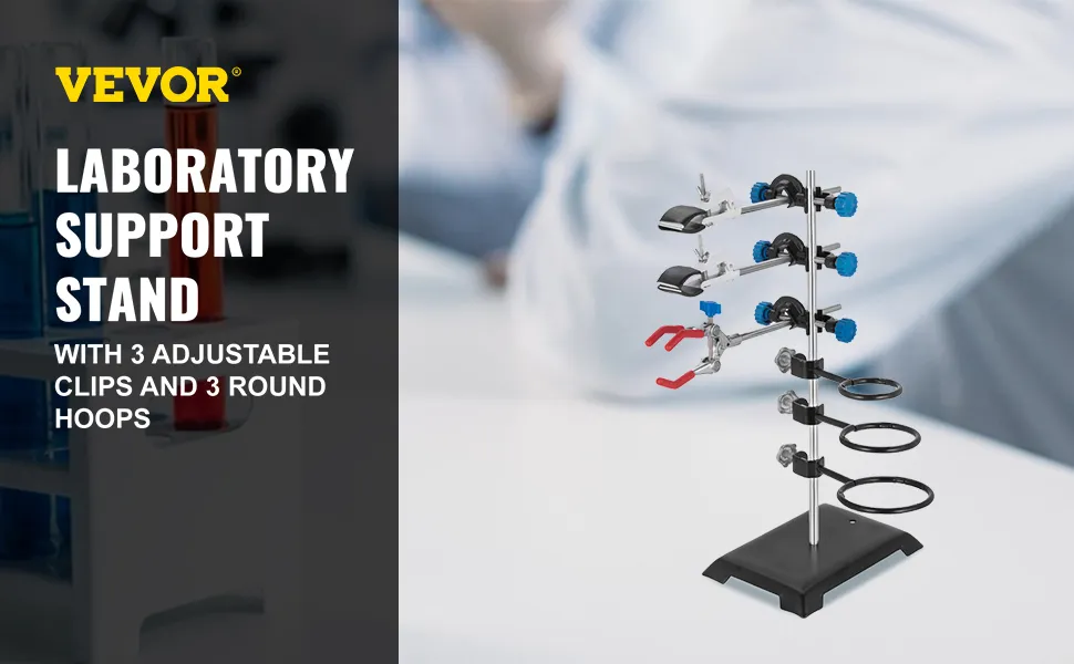VEVOR laboratory stand set with adjustable clips and round hoops on a sturdy base.