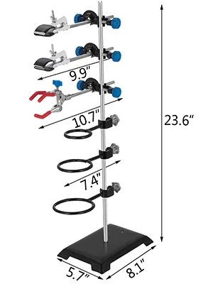 VEVOR laboratory stand set with adjustable clamps and rings, dimensions shown.