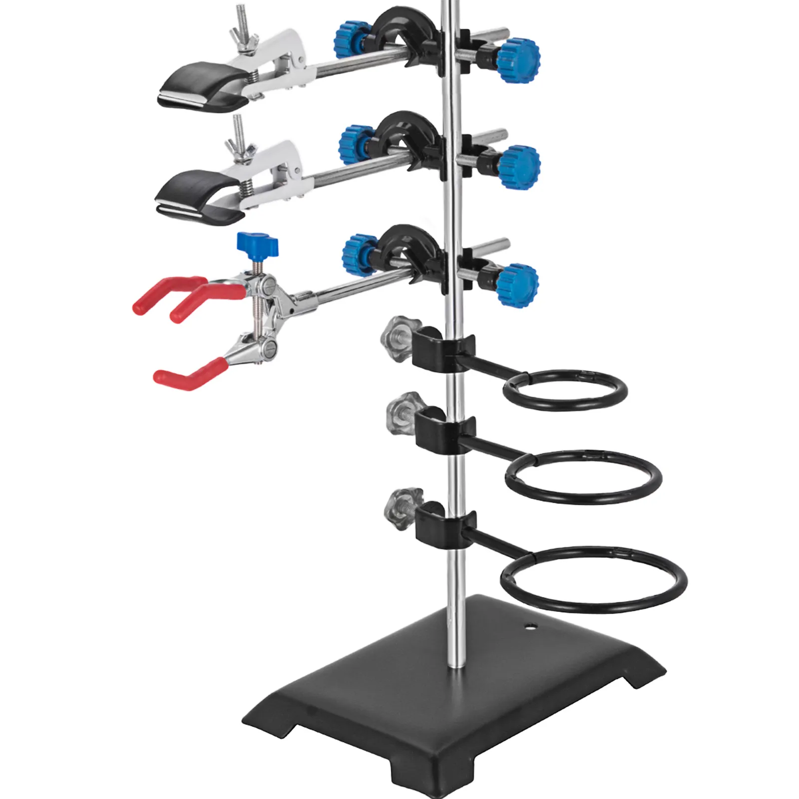 VEVOR laboratory stand set with clamps, rings, and blue adjustment knobs.