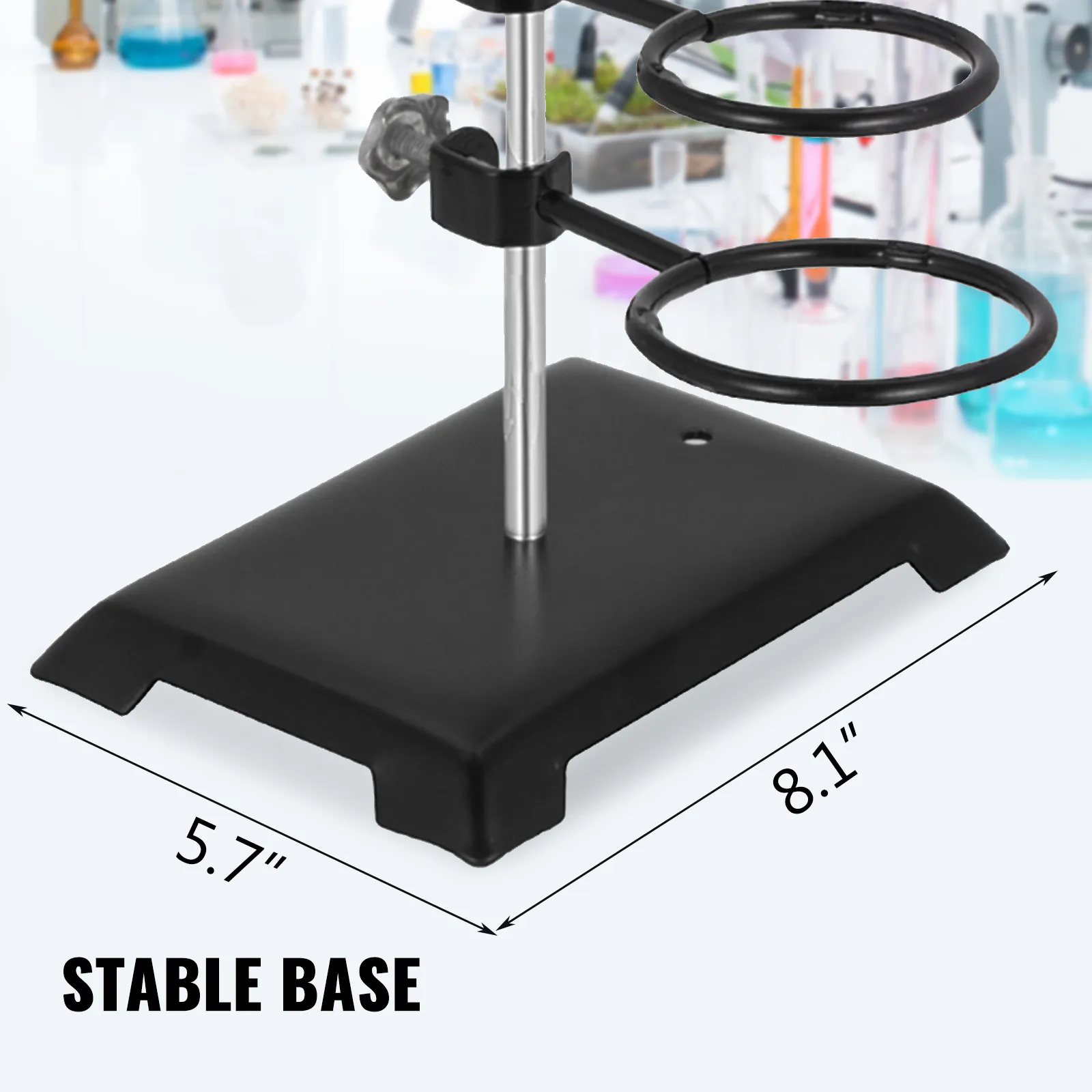 VEVOR laboratory stand set with stable 5.7"x8.1" base in a lab with equipment.